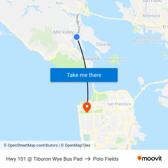 Hwy 101 @ Tiburon Wye Bus Pad to Polo Fields map