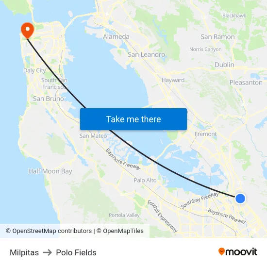 Milpitas to Polo Fields map