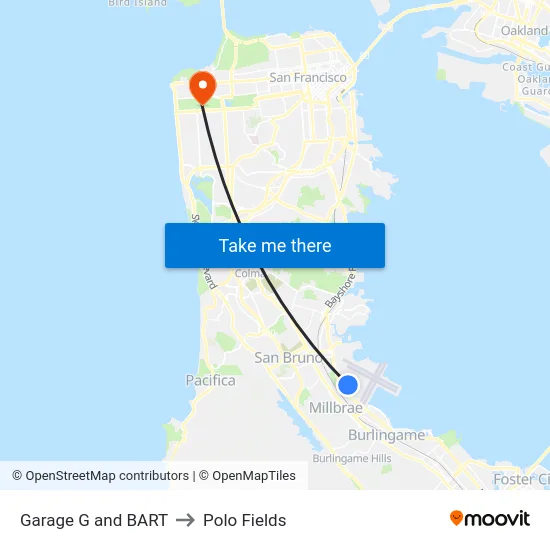 Garage G and BART to Polo Fields map