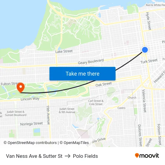 Van Ness Ave & Sutter St to Polo Fields map