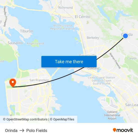 Orinda to Polo Fields map