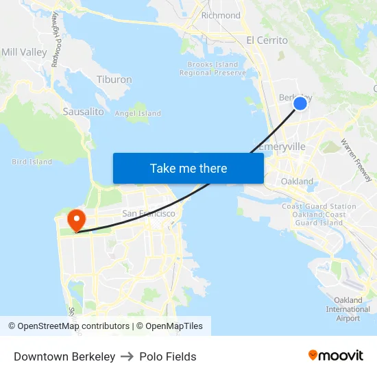 Downtown Berkeley to Polo Fields map