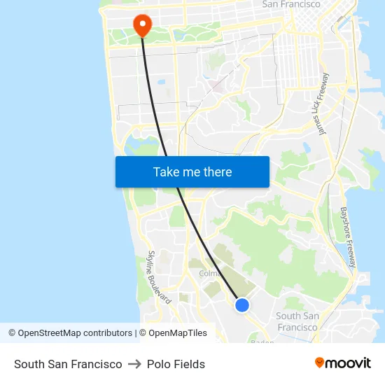 South San Francisco to Polo Fields map
