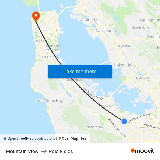 Mountain View to Polo Fields map