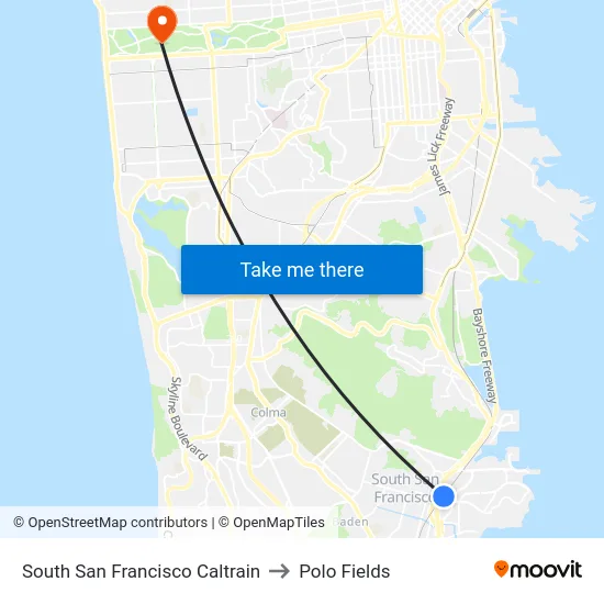 South San Francisco Caltrain to Polo Fields map