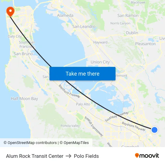 Alum Rock Transit Center to Polo Fields map