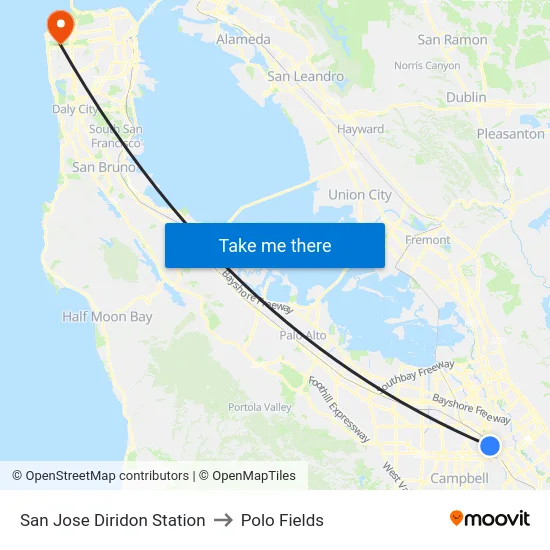San Jose Diridon Station to Polo Fields map
