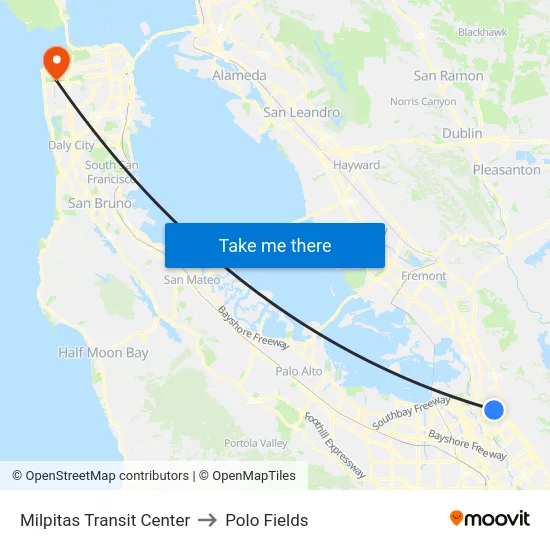 Milpitas Transit Center to Polo Fields map