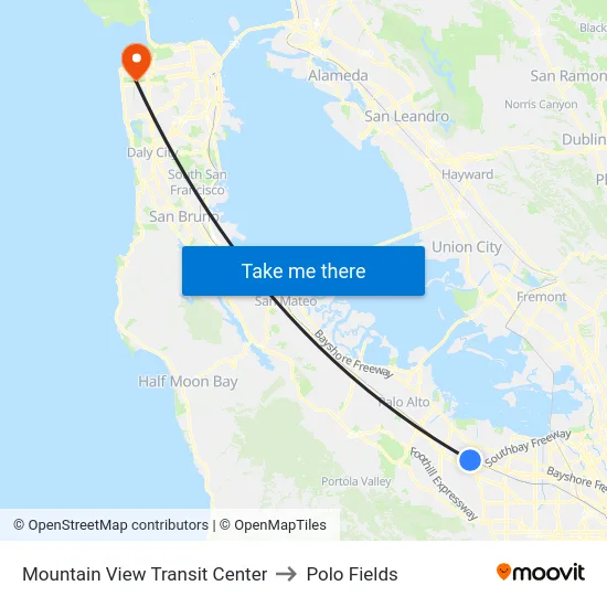 Mountain View Transit Center to Polo Fields map