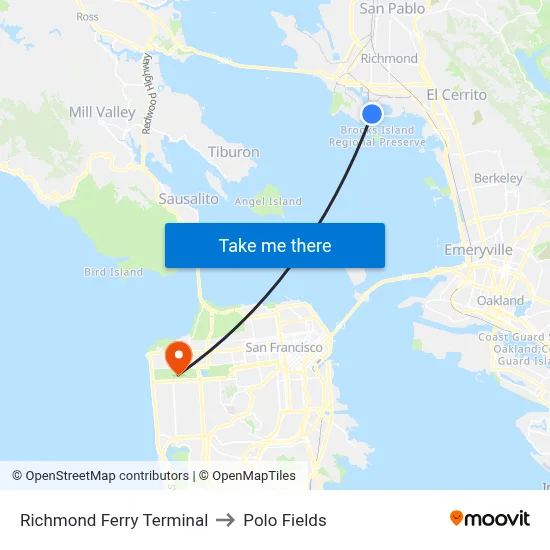 Richmond Ferry Terminal to Polo Fields map