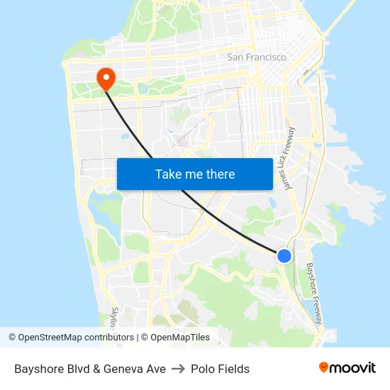 Bayshore Blvd & Geneva Ave to Polo Fields map