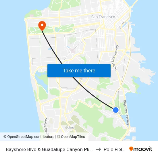 Bayshore Blvd & Guadalupe Canyon Pkwy to Polo Fields map