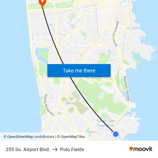 255 So. Airport Blvd. to Polo Fields map