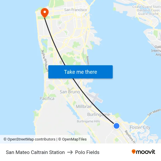 San Mateo Caltrain Station to Polo Fields map