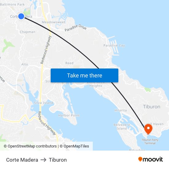 Corte Madera to Tiburon map