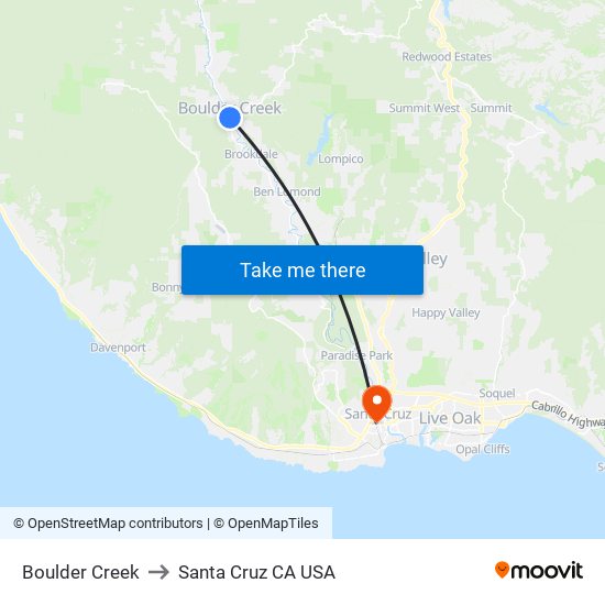 Boulder Creek to Santa Cruz CA USA map