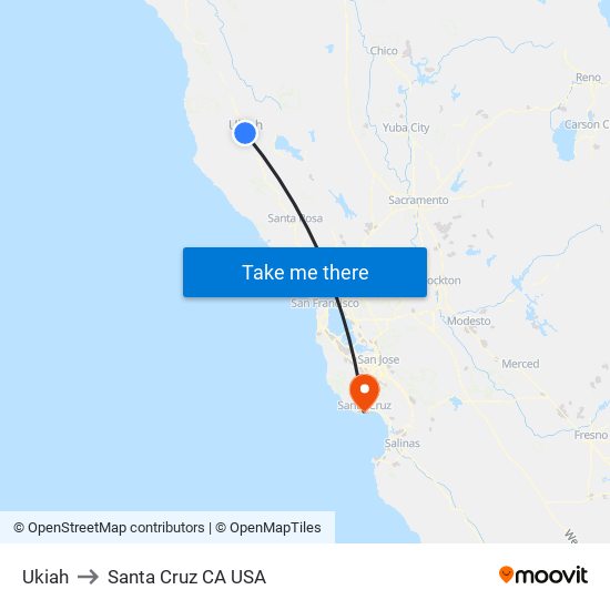Ukiah to Santa Cruz CA USA map
