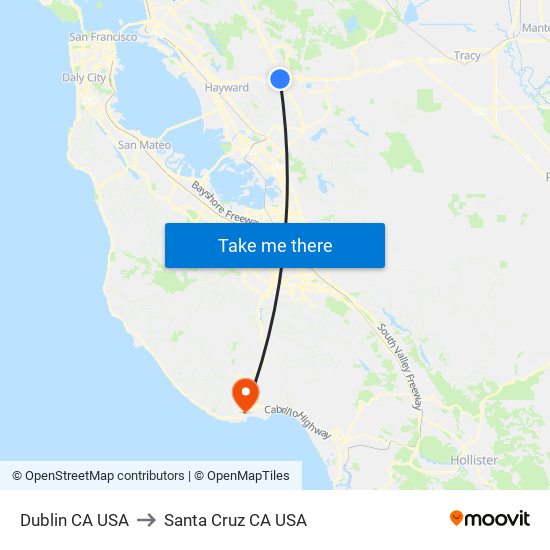 Dublin CA USA to Santa Cruz CA USA map