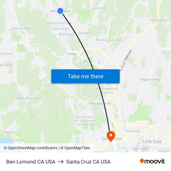 Ben Lomond CA USA to Santa Cruz CA USA map