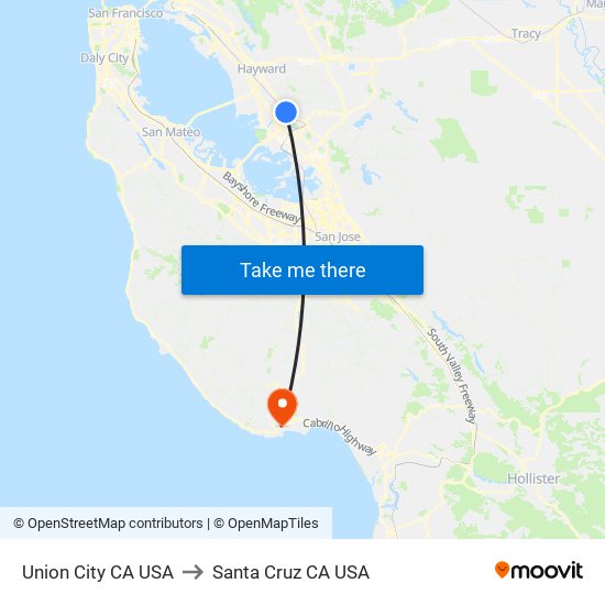 Union City CA USA to Santa Cruz CA USA map