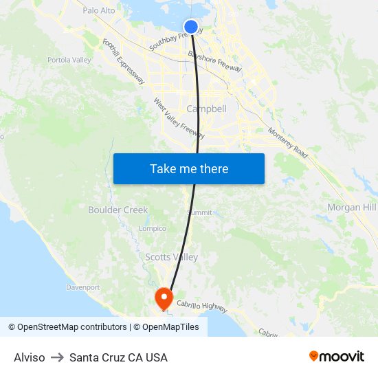 Alviso to Santa Cruz CA USA map