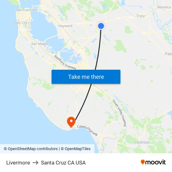 Livermore to Santa Cruz CA USA map