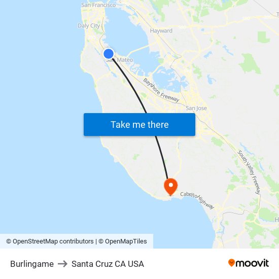 Burlingame to Santa Cruz CA USA map