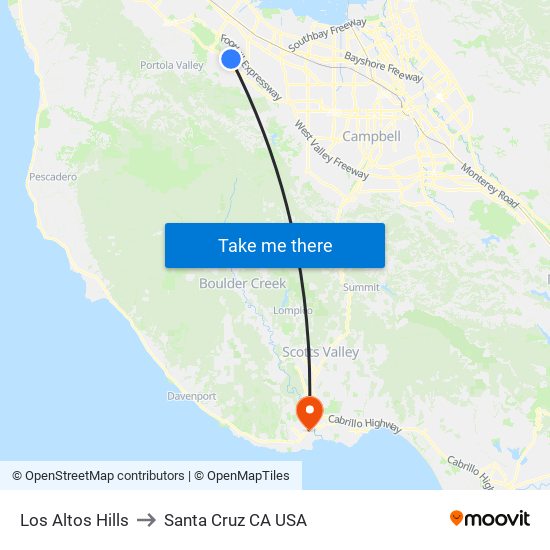 Los Altos Hills to Santa Cruz CA USA map