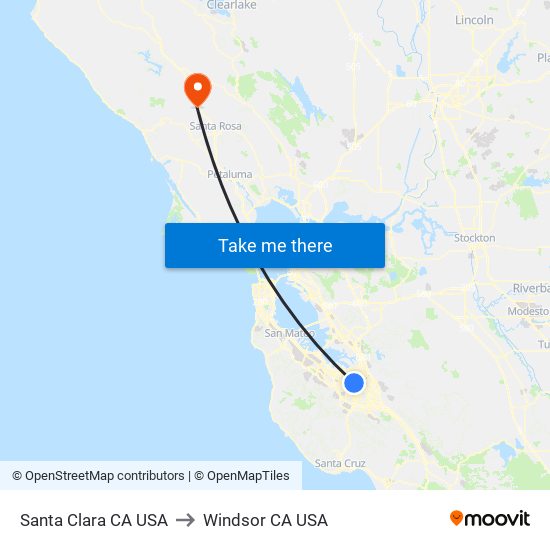 Santa Clara CA USA to Windsor CA USA map