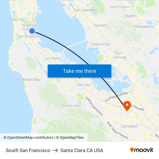 South San Francisco to Santa Clara CA USA map