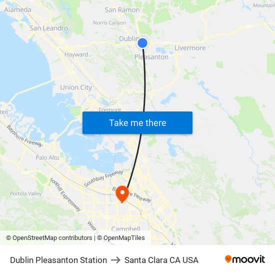 Dublin Pleasanton Station to Santa Clara CA USA map