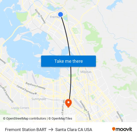 Fremont Station BART to Santa Clara CA USA map