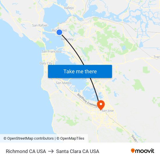 Richmond CA USA to Santa Clara CA USA map