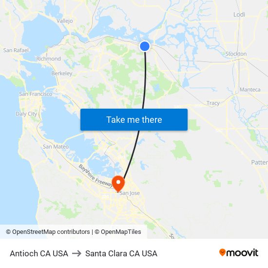 Antioch CA USA to Santa Clara CA USA map
