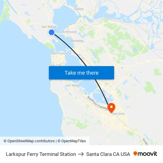 Larkspur Ferry Terminal Station to Santa Clara CA USA map