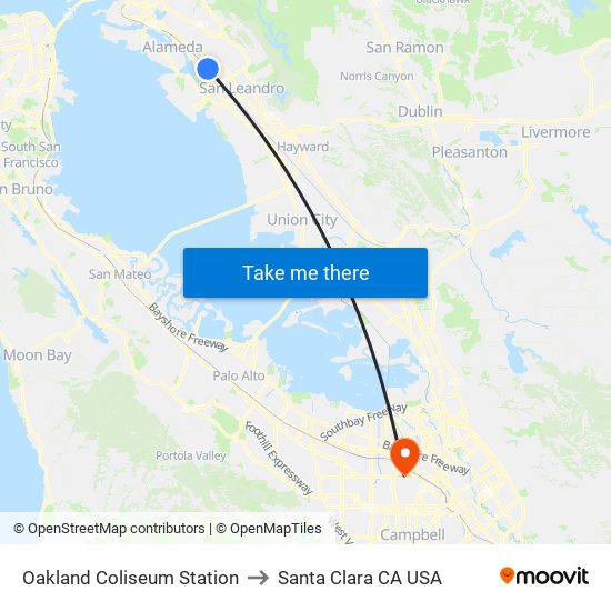 Oakland Coliseum Station to Santa Clara CA USA map