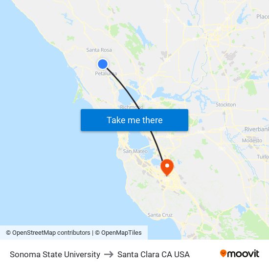 Sonoma State University to Santa Clara CA USA map