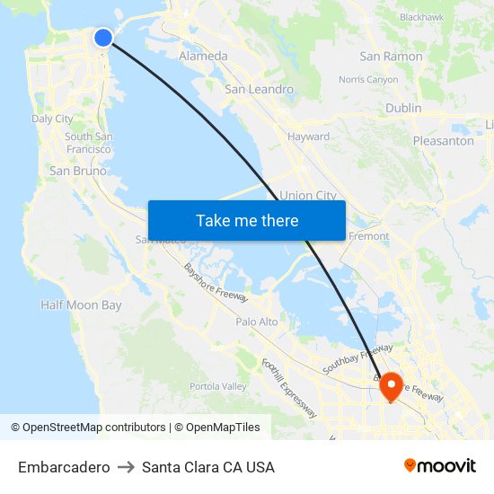 Embarcadero to Santa Clara CA USA map