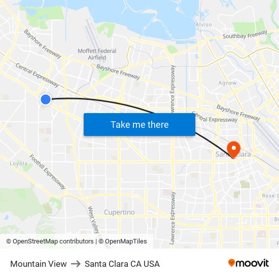 Mountain View to Santa Clara CA USA map