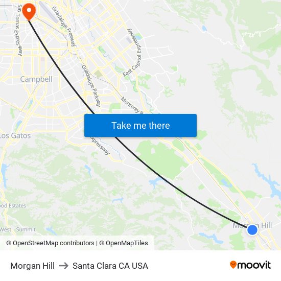 Morgan Hill to Santa Clara CA USA map