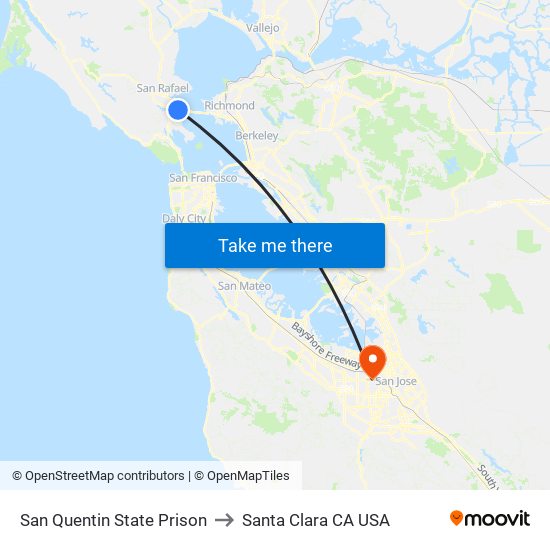 San Quentin State Prison to Santa Clara CA USA map