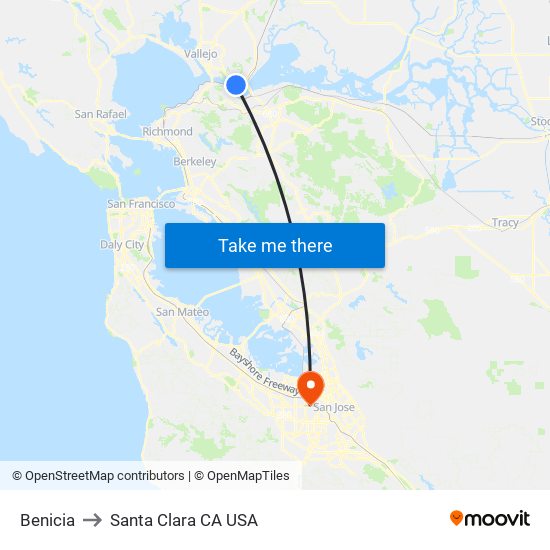 Benicia to Santa Clara CA USA map