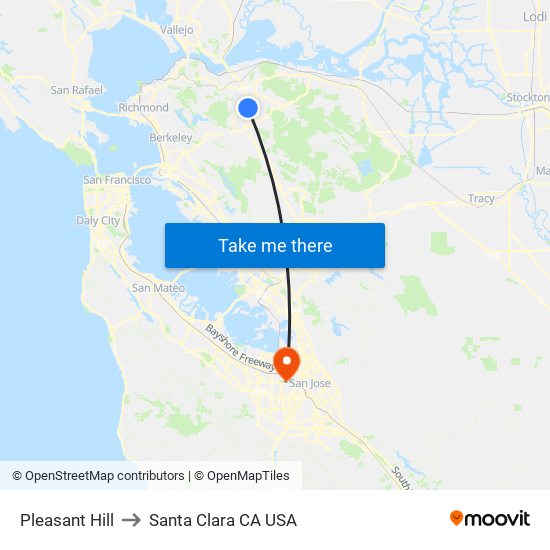 Pleasant Hill to Santa Clara CA USA map