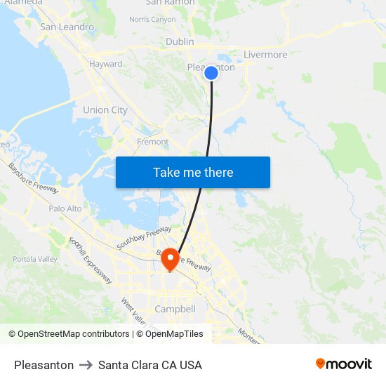 Pleasanton to Santa Clara CA USA map