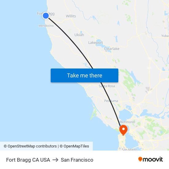 Fort Bragg CA USA to San Francisco map