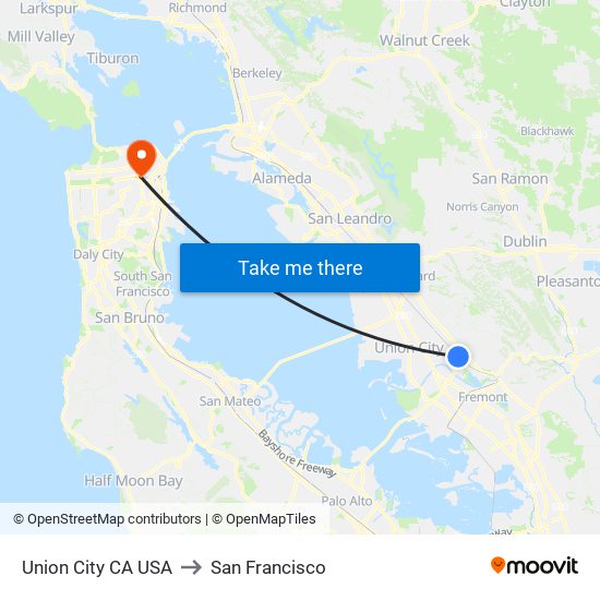 Union City CA USA to San Francisco map