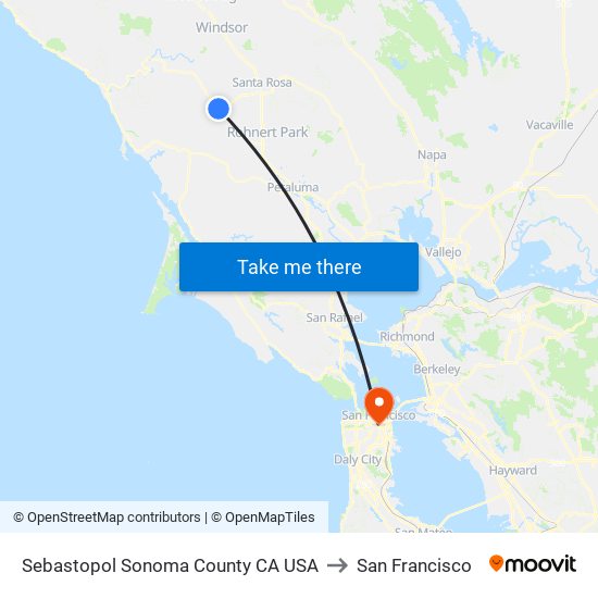 Sebastopol Sonoma County CA USA to San Francisco map