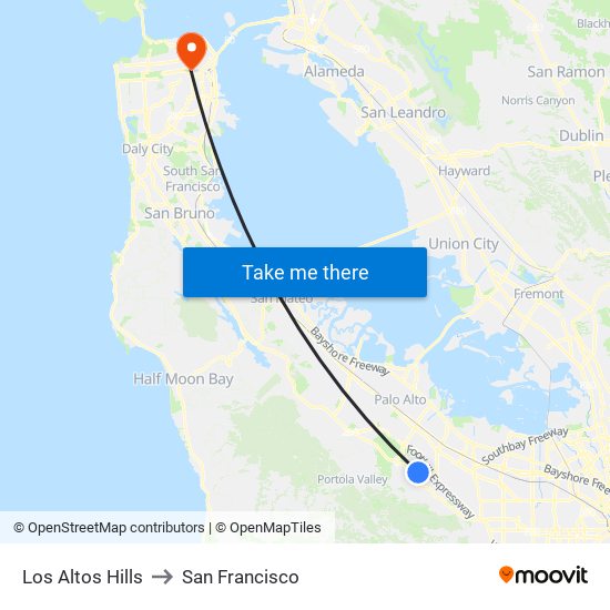 Los Altos Hills to San Francisco map