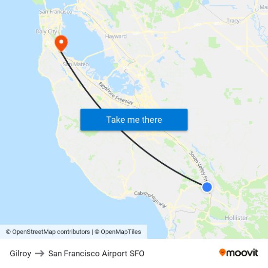 Gilroy to San Francisco Airport SFO map
