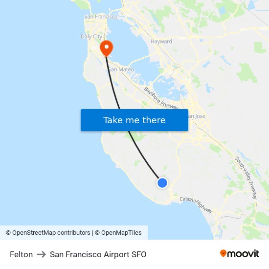 Felton to San Francisco Airport SFO map